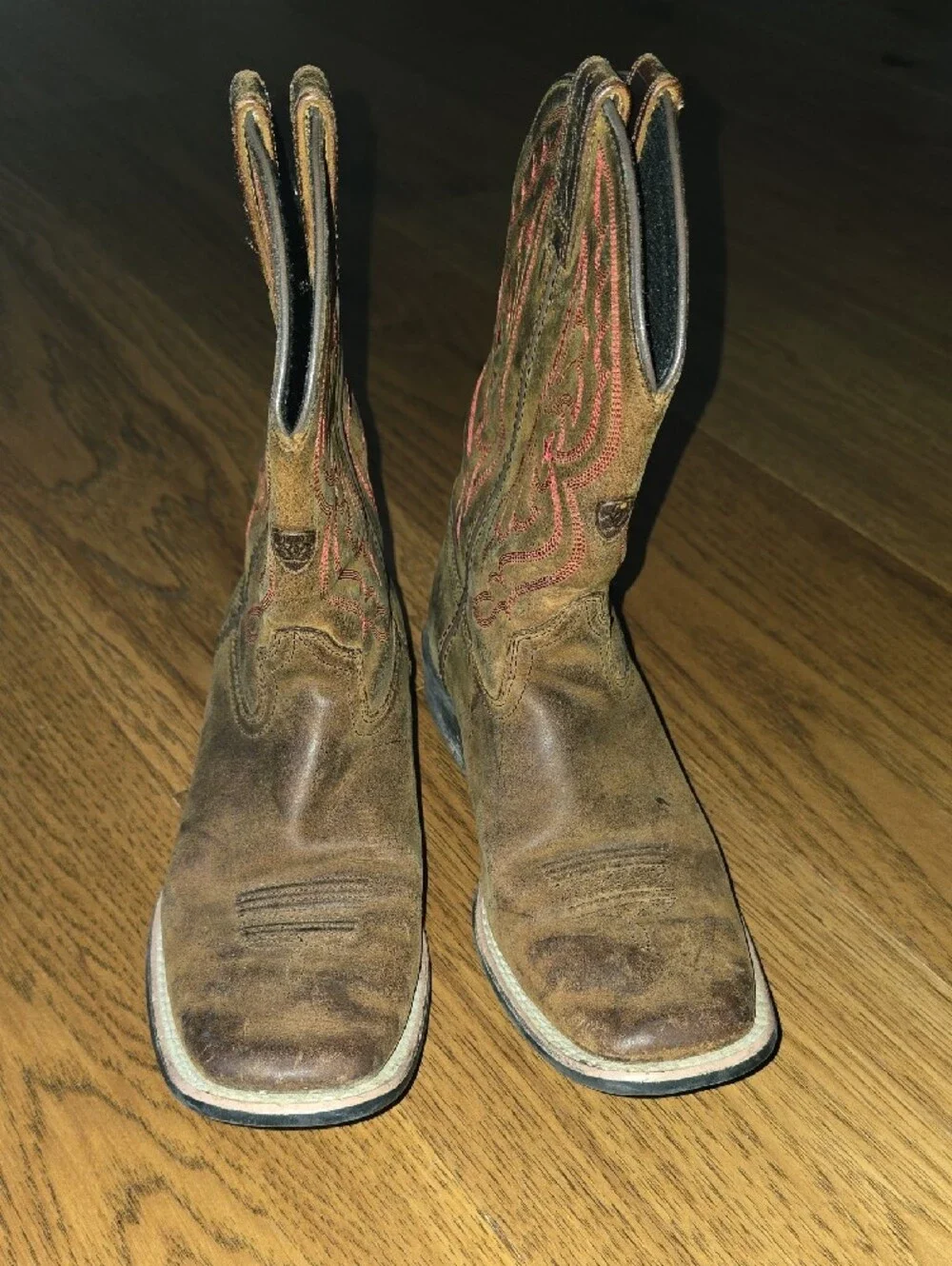 Ariat Kids Quick Draw Brown Cowboy Boots with Red Stitching Size 4